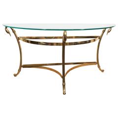 A Mid-Century Brass and Glass Top Demi-Lune Console with Swan Head Motif
