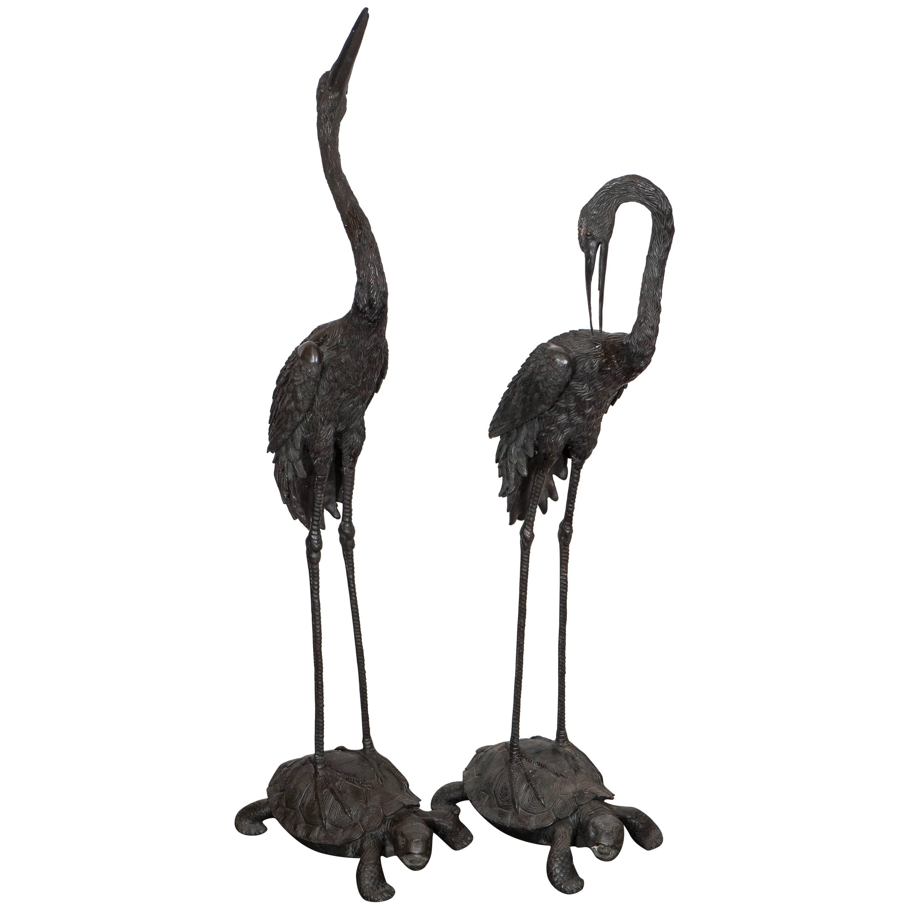 Pair of Patinated Bronze Cranes on Turtles