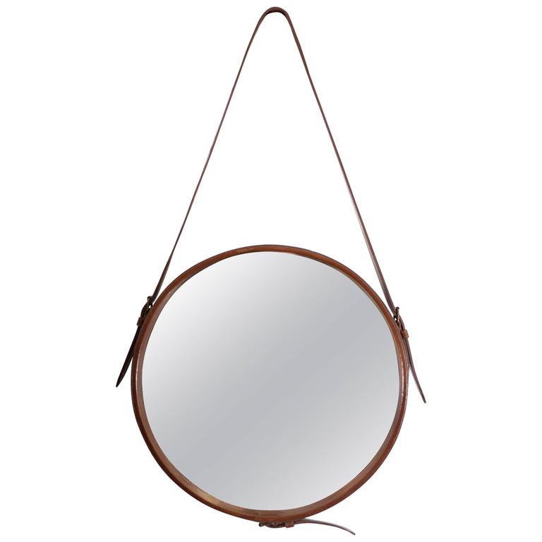 Round Adnet Wall Mirror With Brown Faux Leather Strap At 1stdibs Round Adnet Wall Mirror With Brown Faux Leather Strap For
