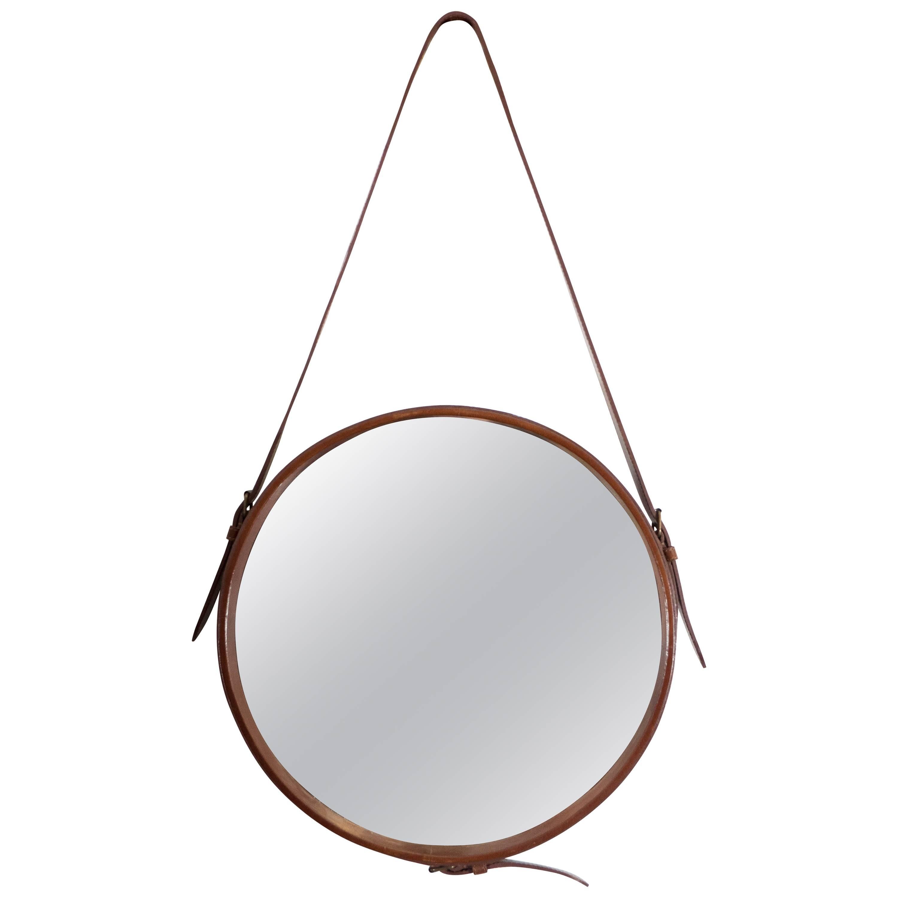 Round Wall Mirror with Brown Faux Leather Strap at 1stDibs faux