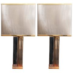 Exceptional Pair of Table Lamps in Brass and Steel Attributed to Romeo Rega