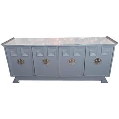 Retro Grey Satin Lacquer Dresser with Glass Top and Greek Key Detail