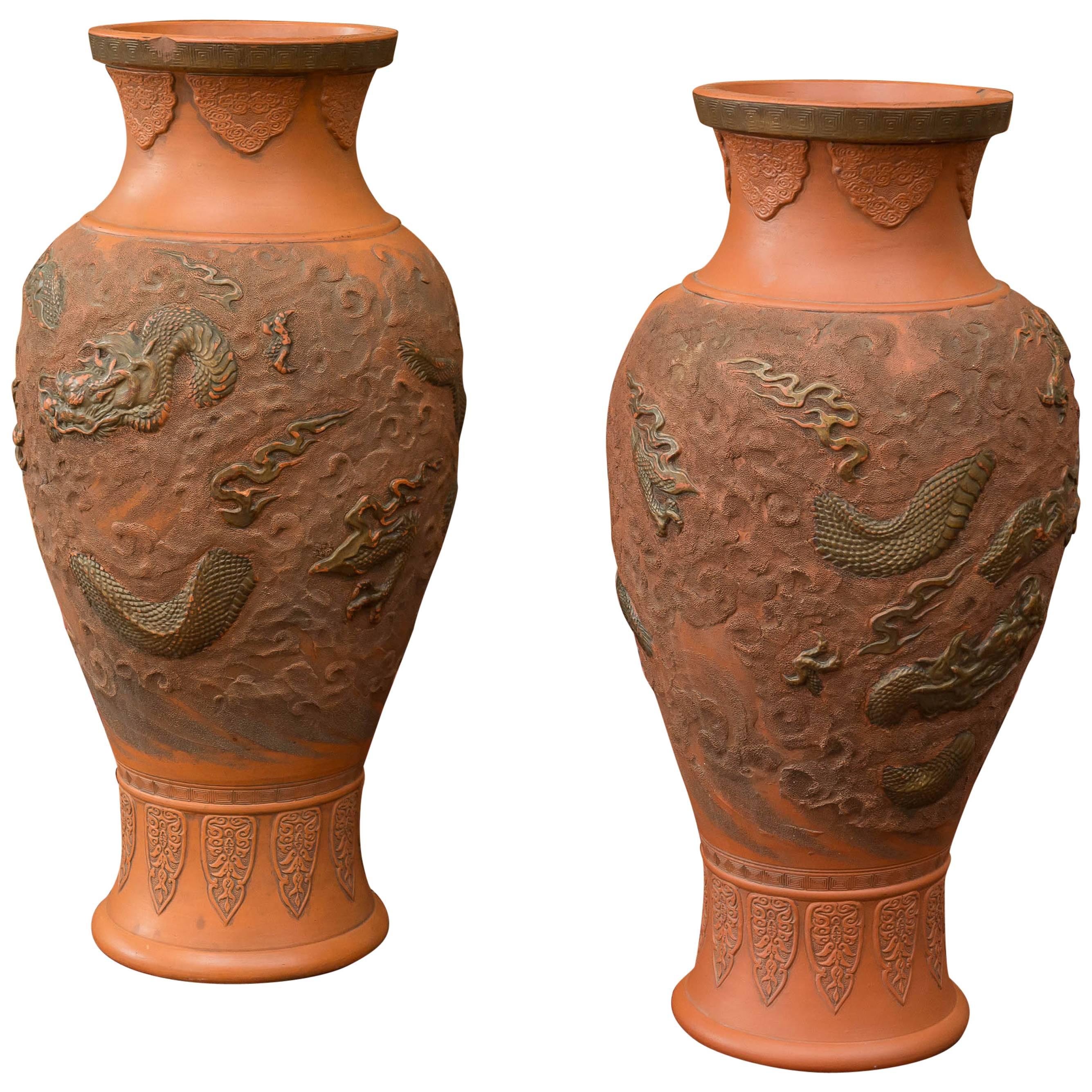 Pair of Large Japanese Bizen Pottery Vases