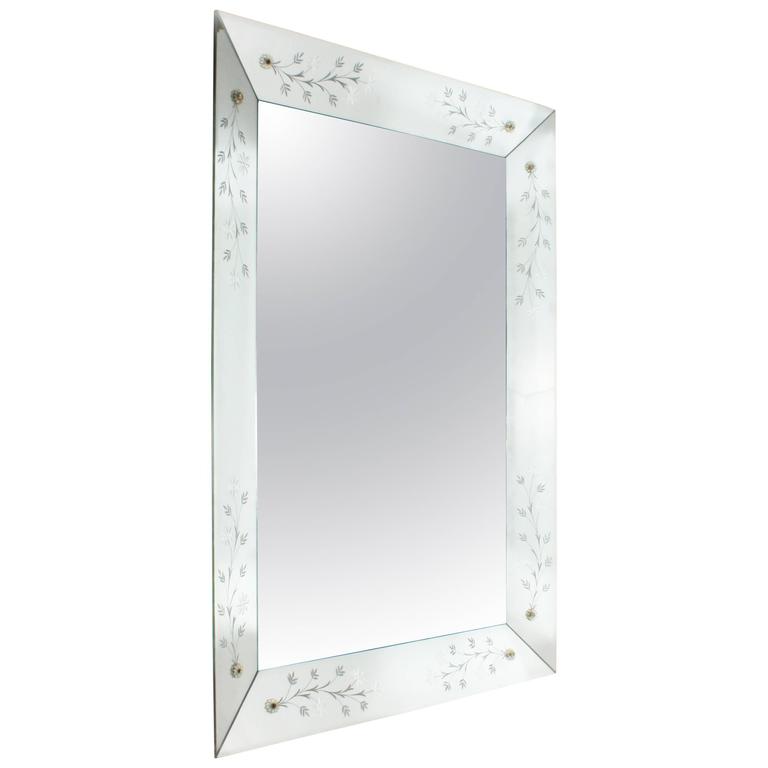 Large Mirror Frame Mirror with Flower Etching and Rosettes, 1940 at 1stDibs