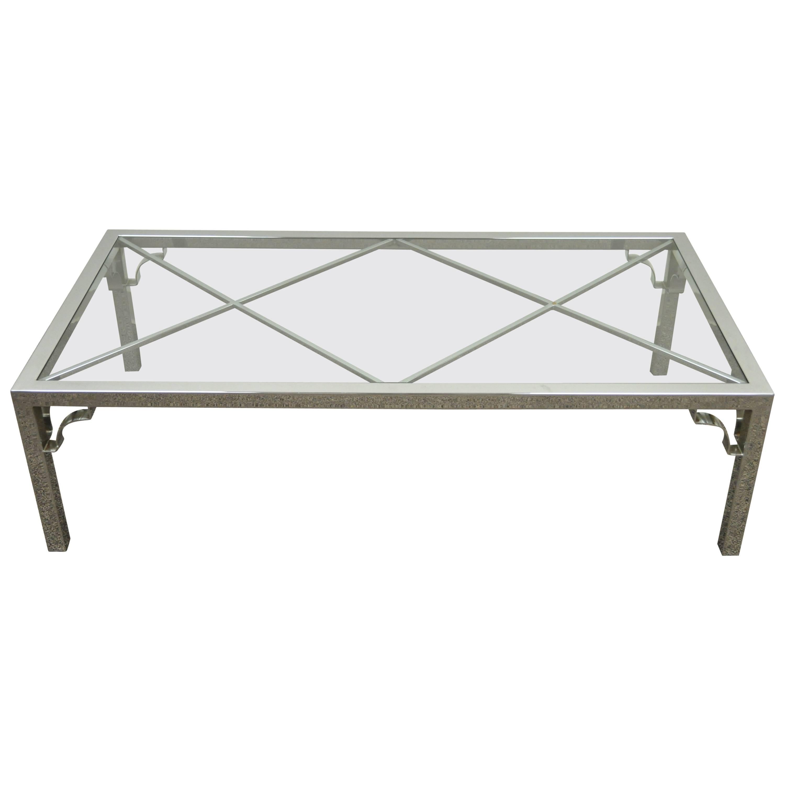 Mid Century Modern Chrome X-Frame Glass Top Hollywood Regency Coffee Table For Sale