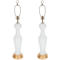 Pair of Elegant Mid-Century White Opaline Glass Lamps on Gilt Bases