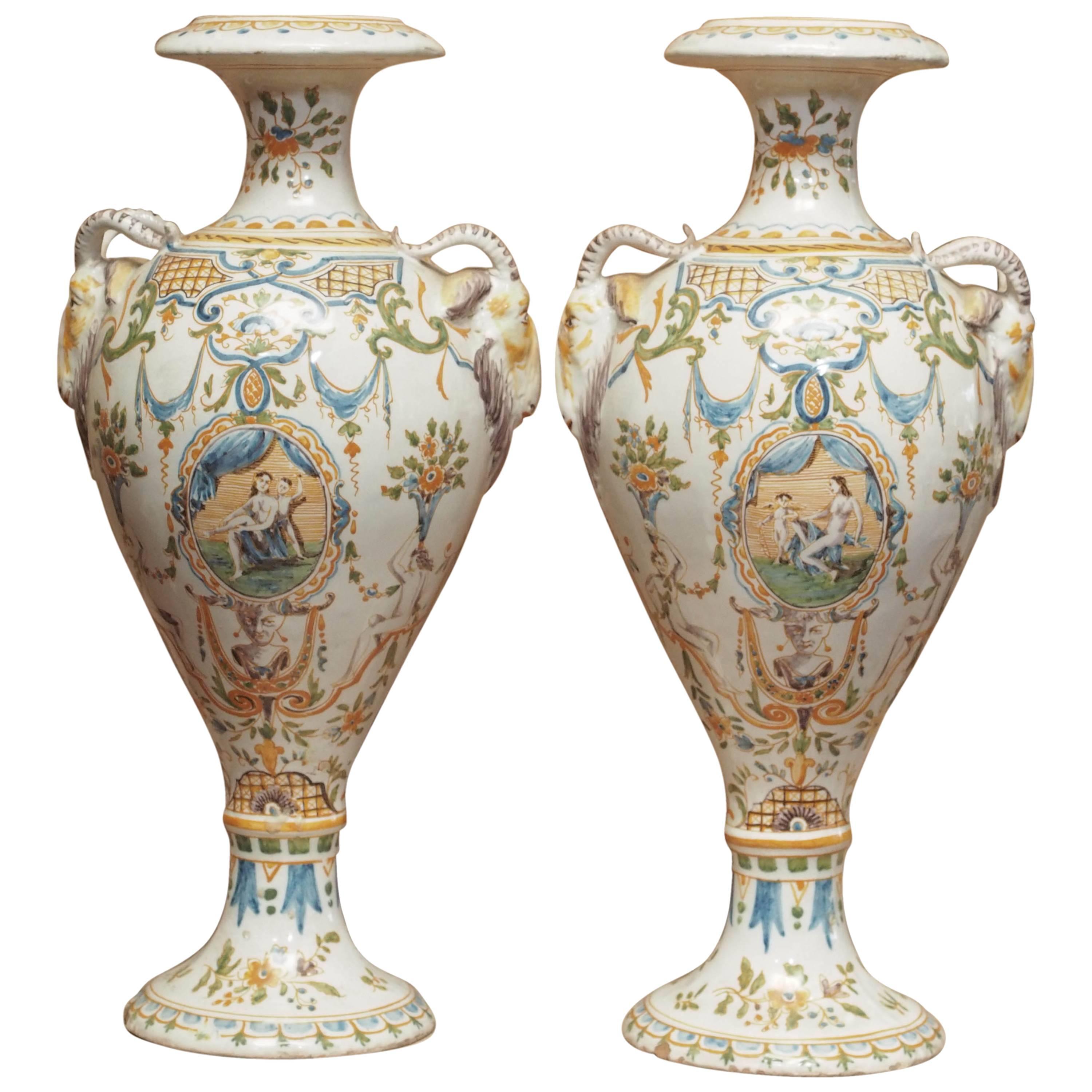 Pair of 18th Century Signed Moustier Urns For Sale