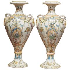 Pair of 18th Century Signed Moustier Urns