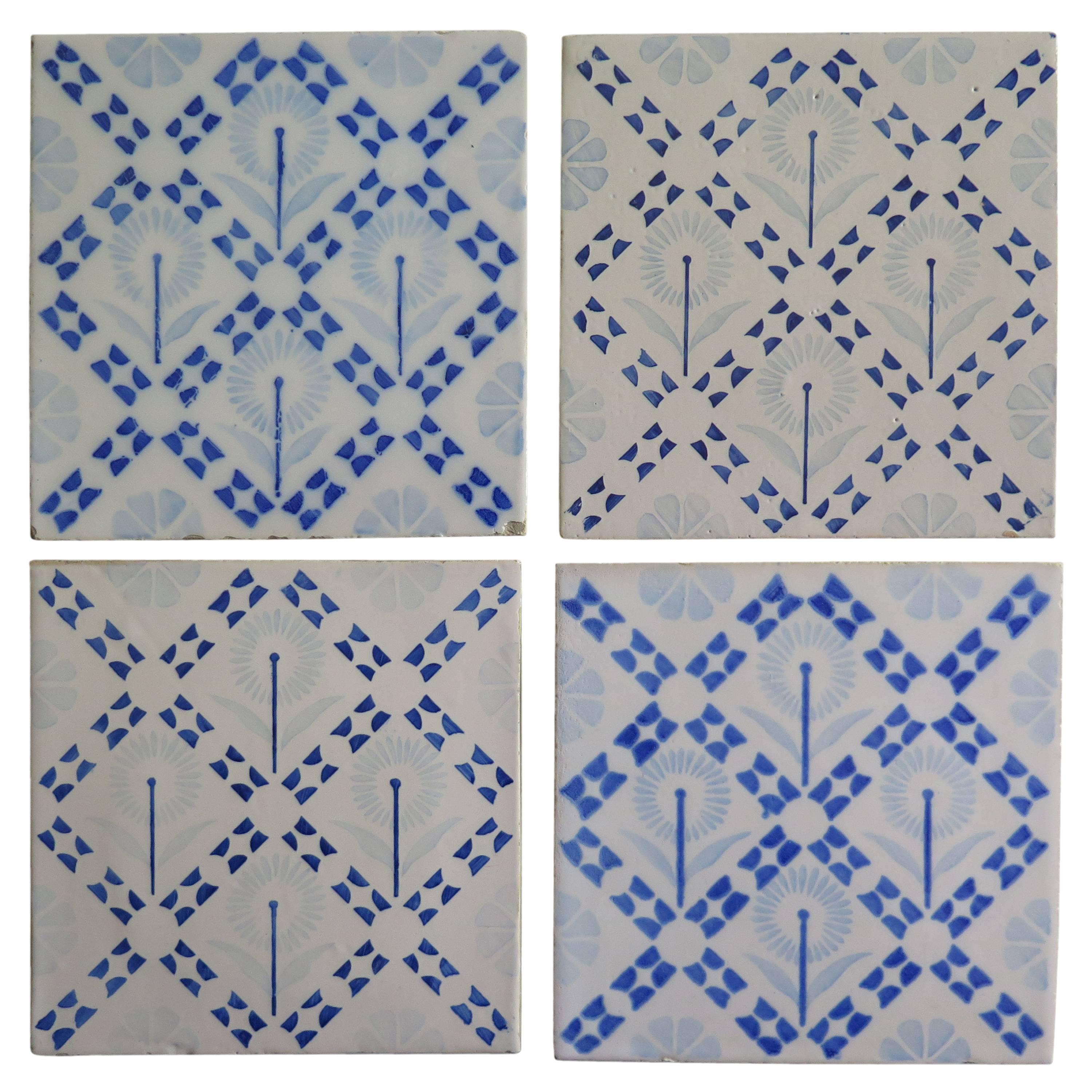 Four Art Deco Period Ceramic Wall Tiles Blue and White, Dutch, circa 1930