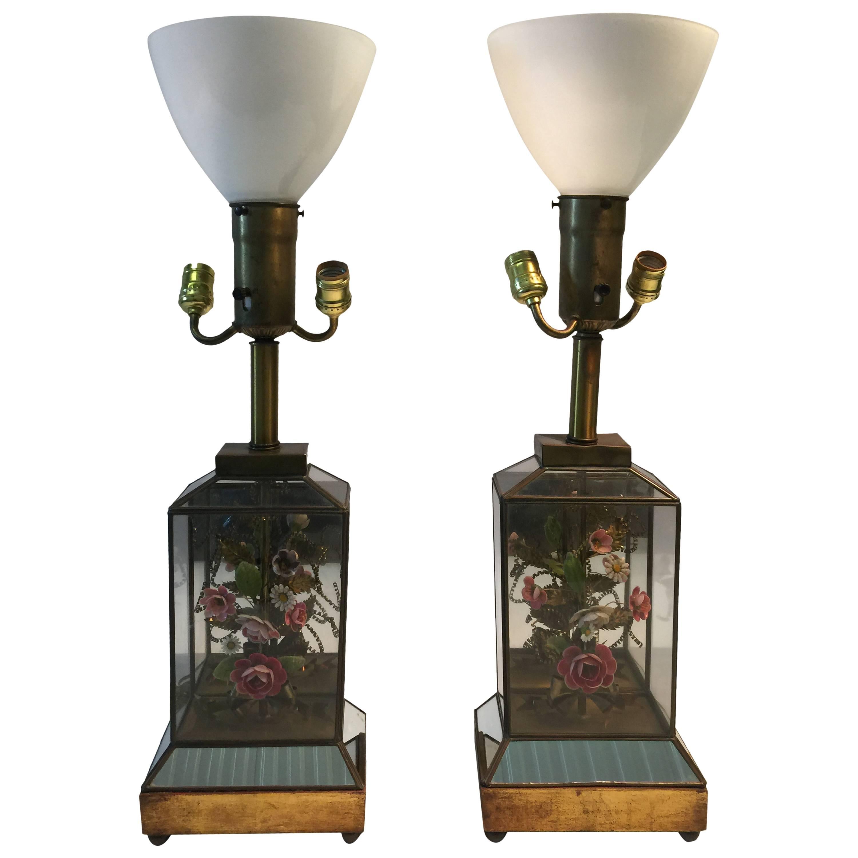 Unique Dorothy Draper Style Mirrored Pair of Shell & Brass Flower Diorama Lamps For Sale