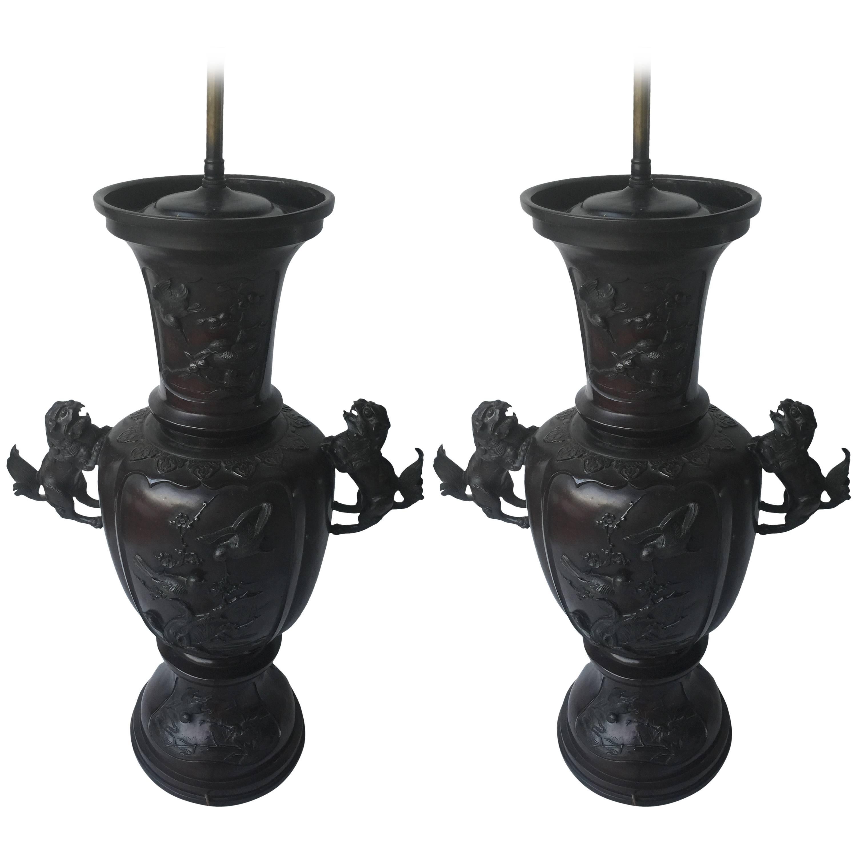 Pair of 19th Century Japanese Bronze Meiji Period Lamps For Sale