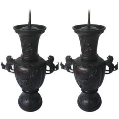 Antique Pair of 19th Century Japanese Bronze Meiji Period Lamps