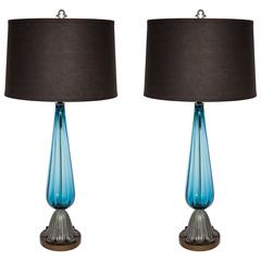 Pair of Exquisite Teal Glass Murano Lamps with Hand-Forged Bases