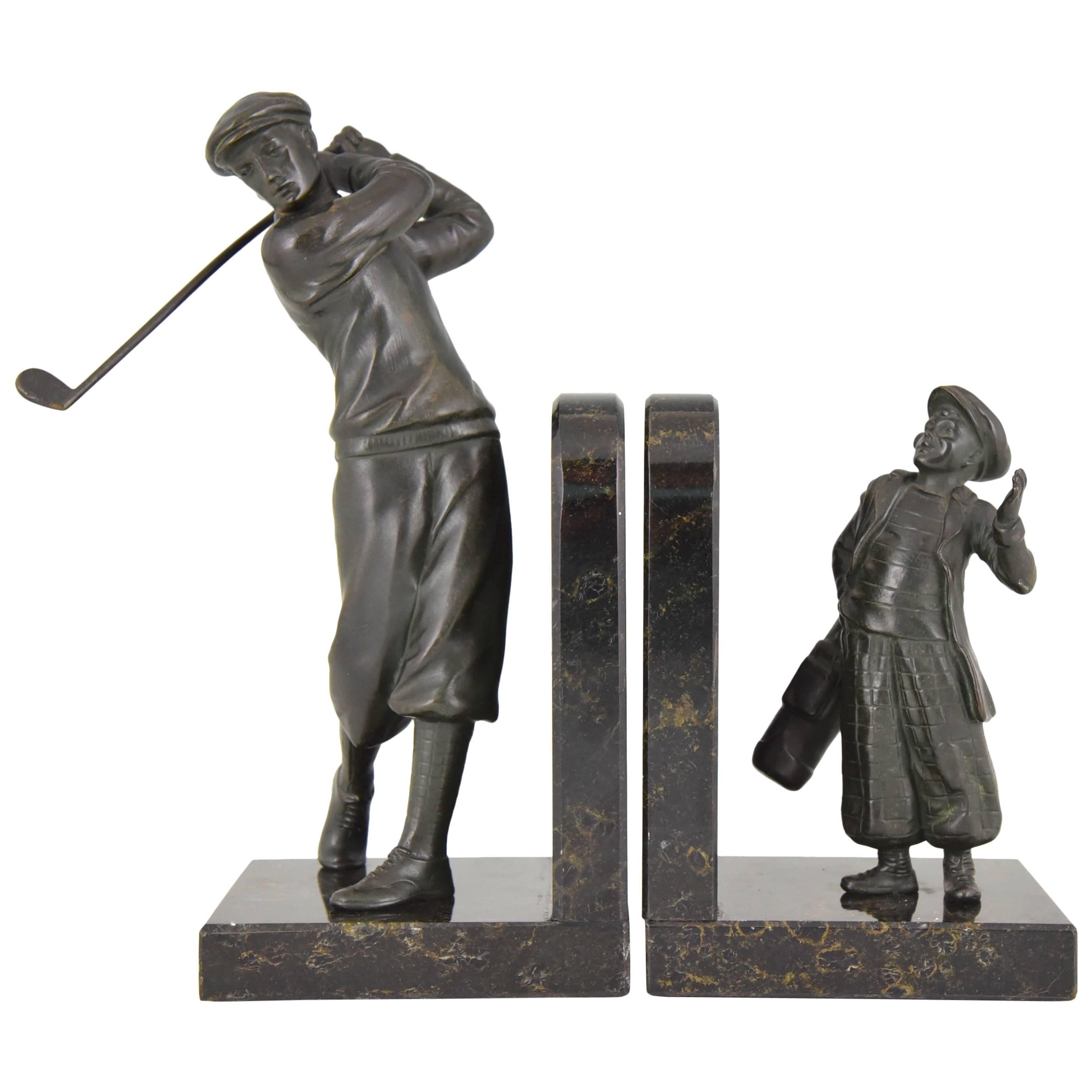 French Art Deco bookends golfer with caddy, 1930