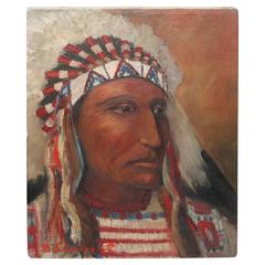 Antique early 20th c. Black Foot Chief Indian oil Painting