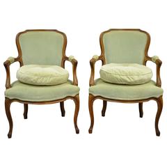 Pair of Carved Walnut French Louis XV Style Fauteuils or Armchairs