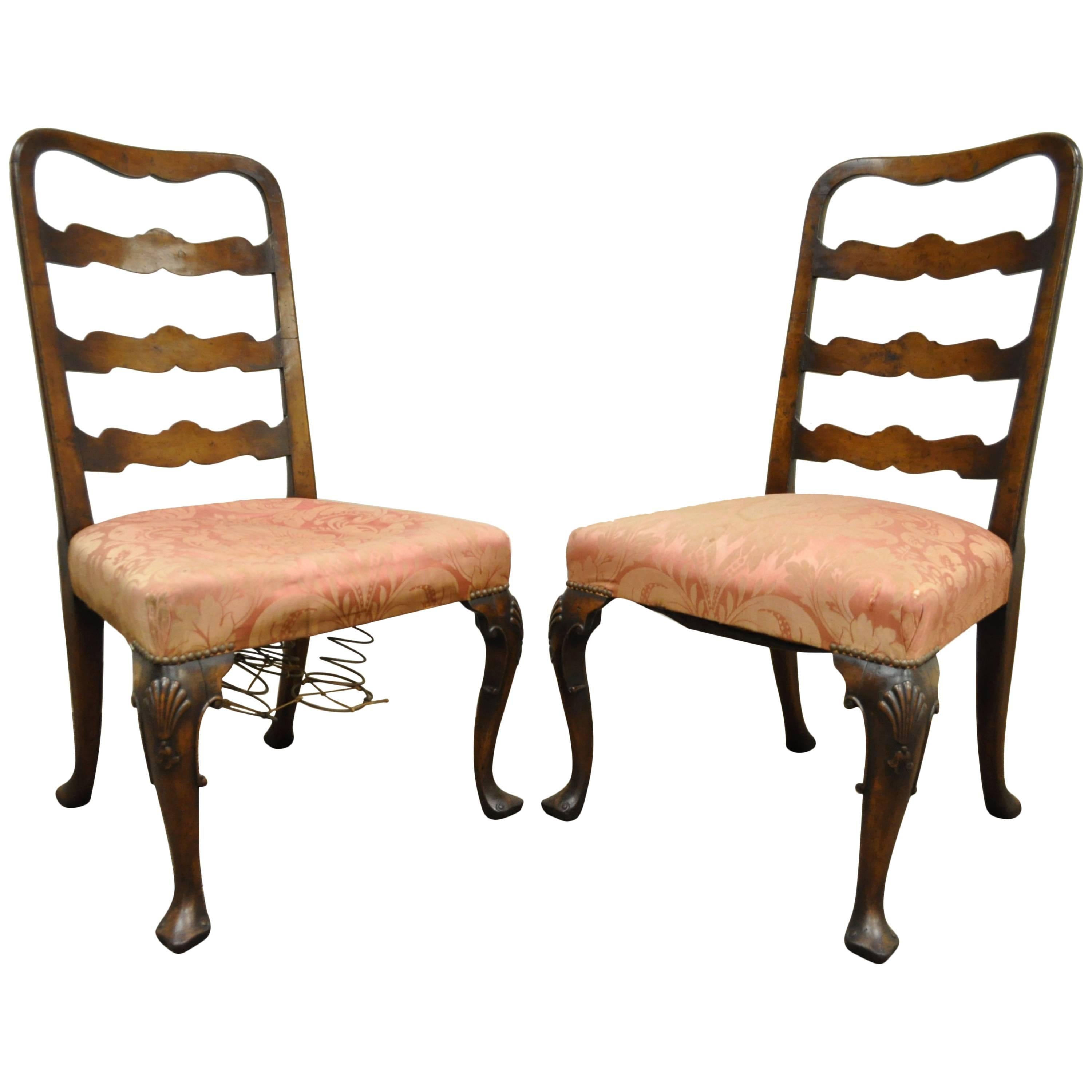 Pair of 18th C Hand Carved Walnut George II Ladder Back Dining Side Chairs