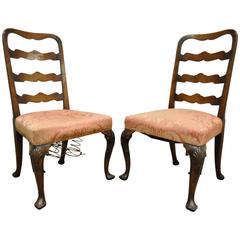 Antique Pair of 18th C Hand Carved Walnut George II Ladder Back Dining Side Chairs