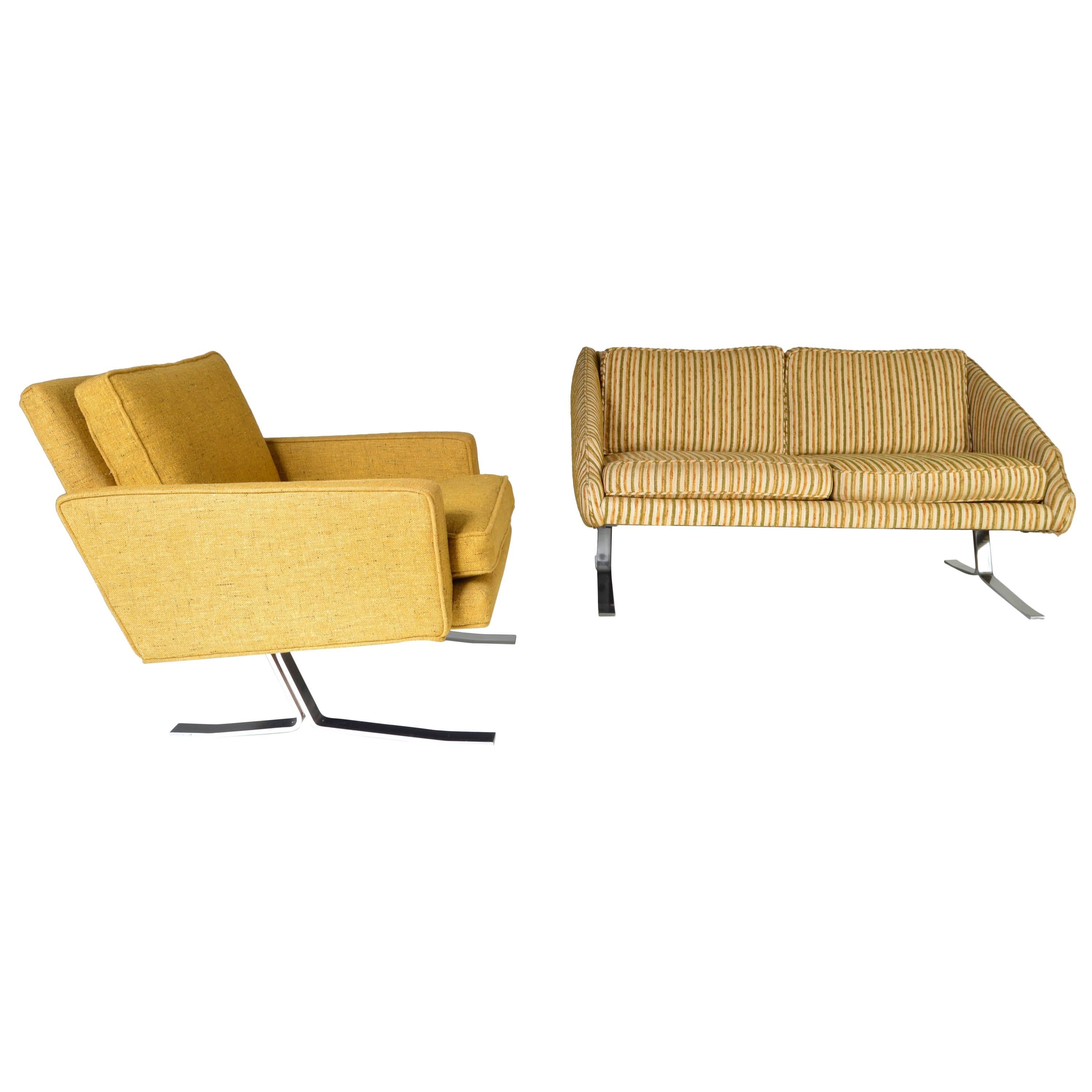 Nicos Zographos style Mid-Century Lounge Chair and Settee Set 