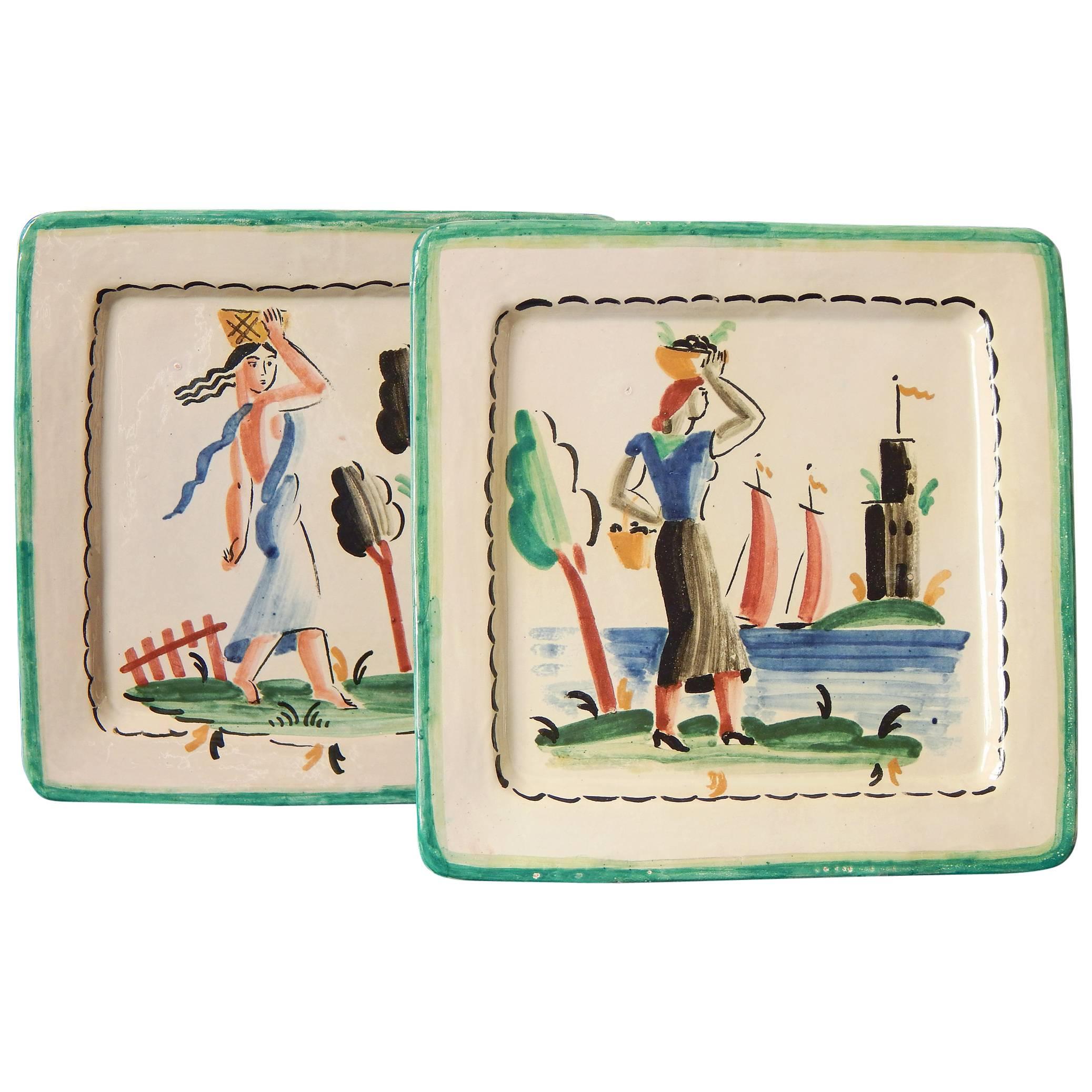 "Women with Baskets, " Rare Pair of Art Deco Decorated Plates, Italy