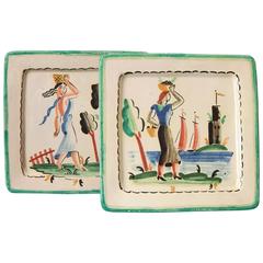 Antique "Women with Baskets, " Rare Pair of Art Deco Decorated Plates, Italy