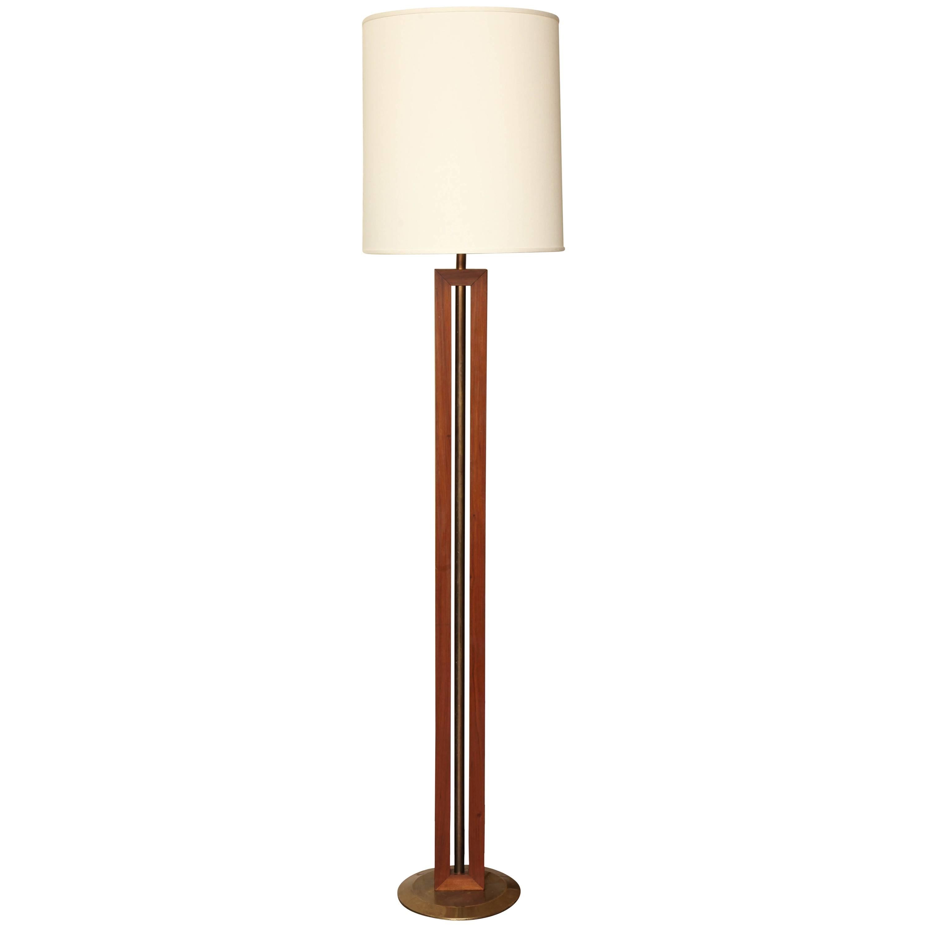 Tall Wood and Brass Floor Lamp, France, circa 1970 For Sale