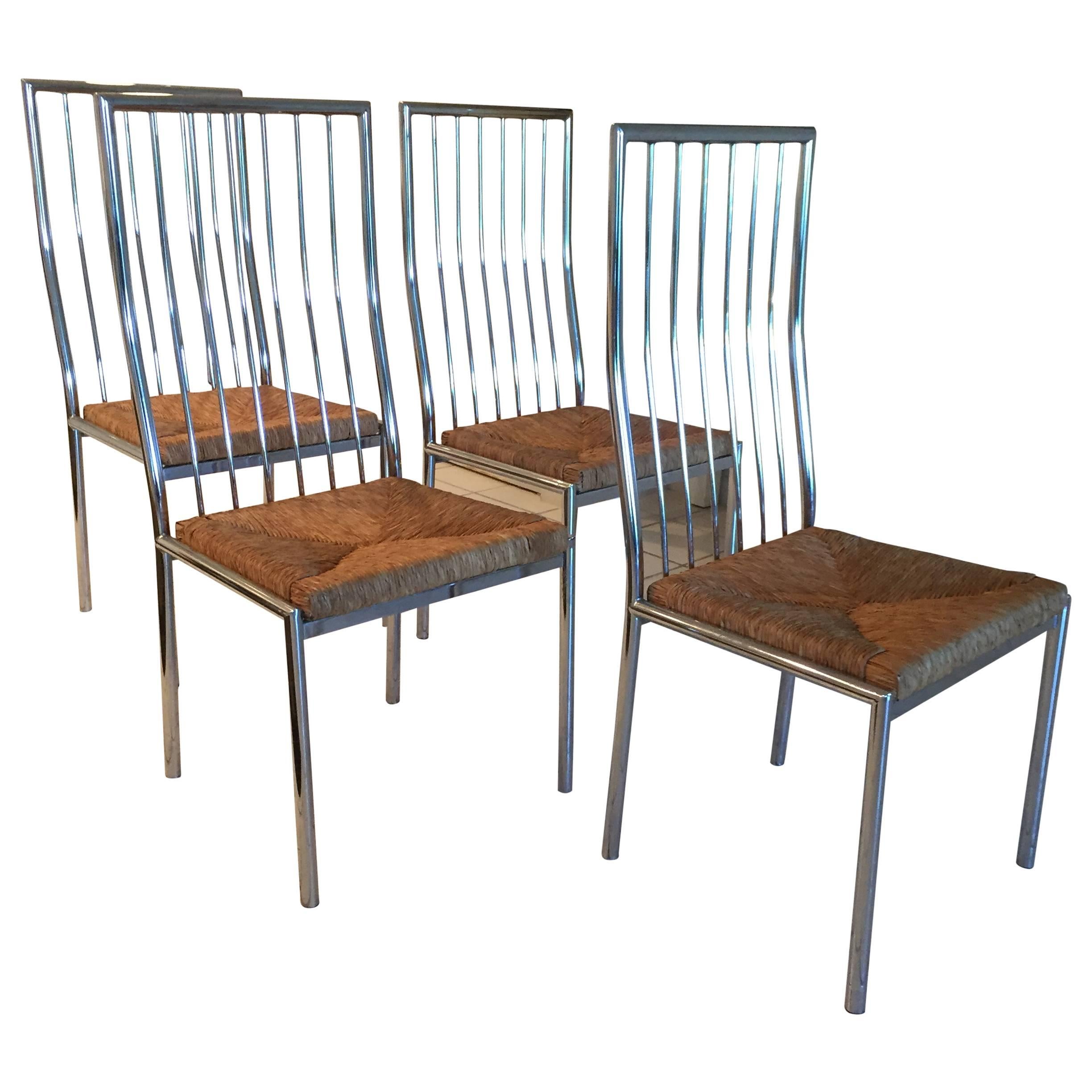 Midcentury Set of For Chrome and Rattan Italian Dining Chairs For Sale