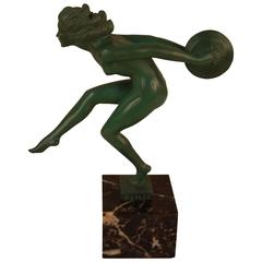 Vintage French Art Deco Female Nude Disc Dancer Statue by Garcia