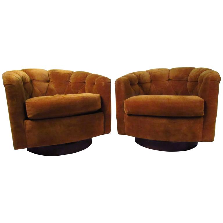 Pair of Mid-Century Tufted Barrel Back Swivel Lounge Chairs by Selig at  1stDibs | selig monroe chair, selig swivel chair, milo baughman swivel  chairs