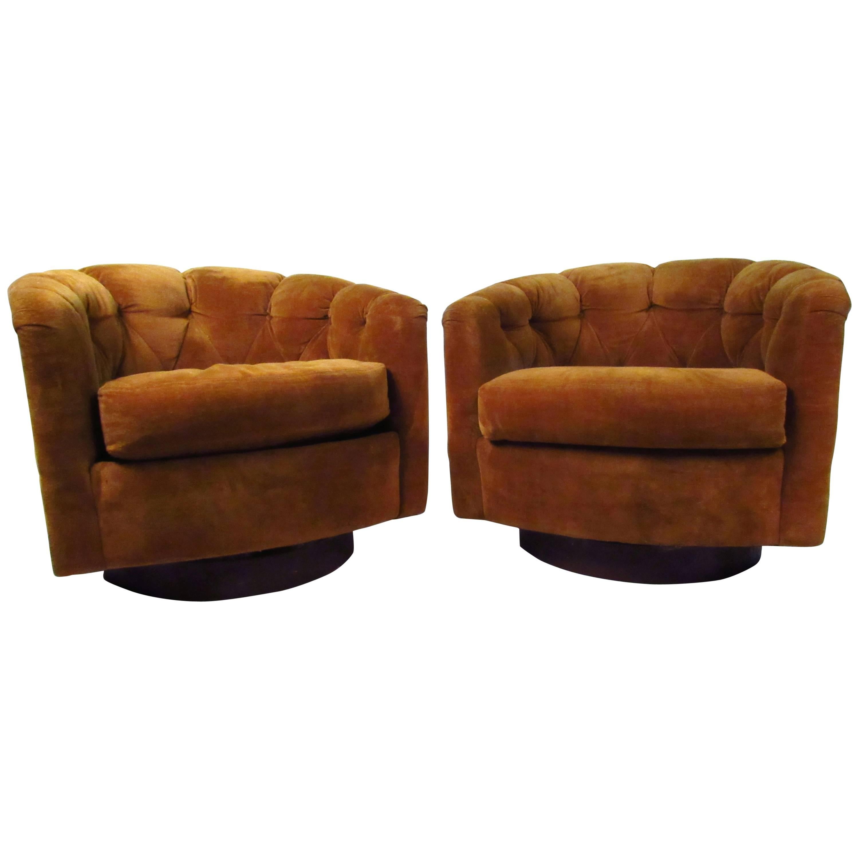 Pair of Mid-Century Tufted Barrel Back Swivel Lounge Chairs by Selig