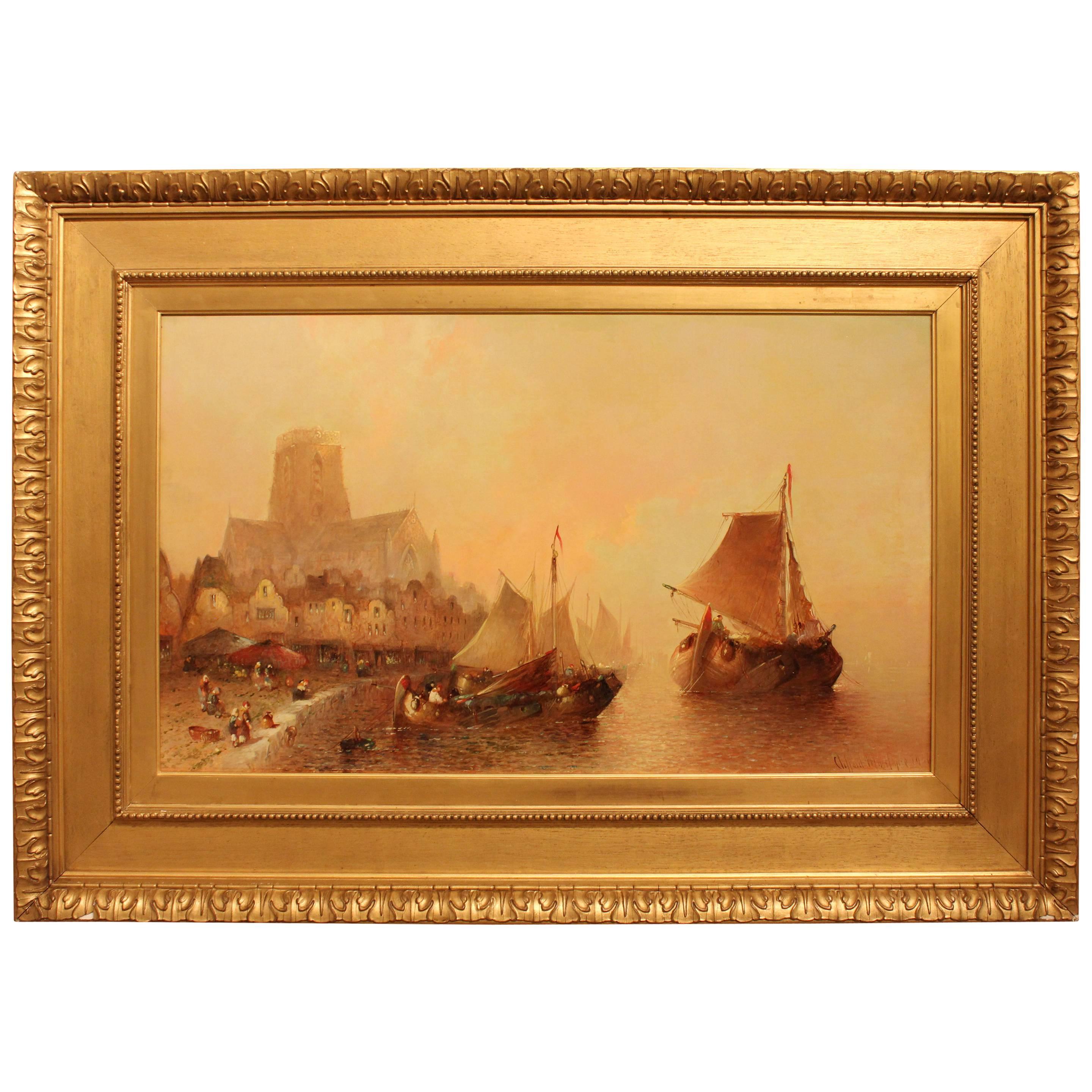 Dutch Townscape Oil Painting by Clifford Montague For Sale