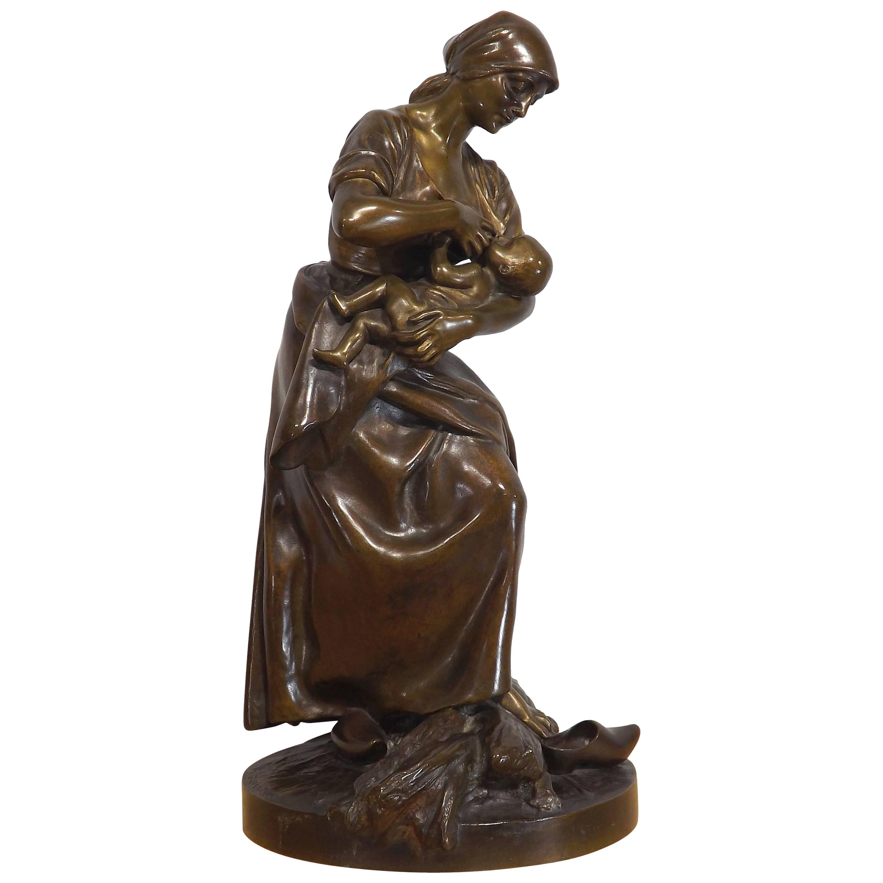 Antonin Larroux French Salon Sculptor 19th Century Original Bronze 'Maternity' For Sale