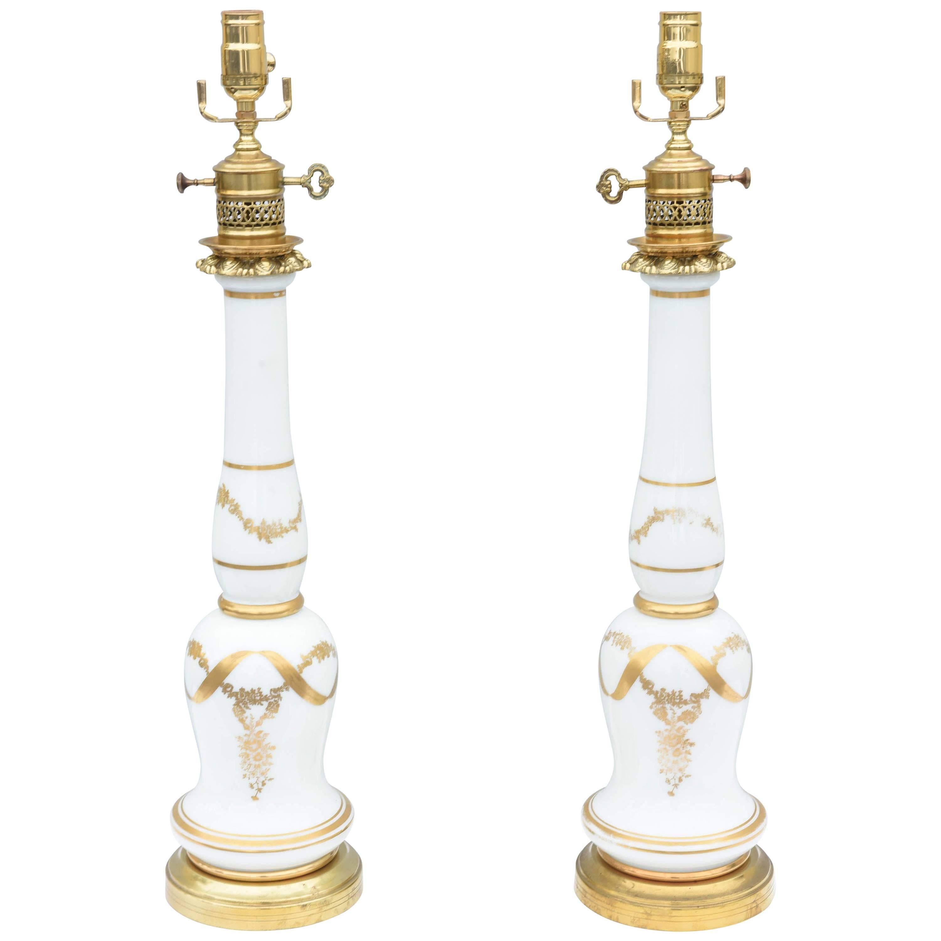 Pair of Empire Style Milk Glass Lamps with Hand Painted Gilding For Sale
