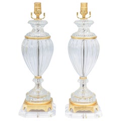 Pair of Baccarat Form Glass Urn-Form Lamps on Lucite 