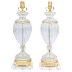 Pair of Baccarat Form Glass Urn-Form Lamps on Lucite