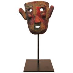 Primitive Colonial Mexican Folk Mask on Stand