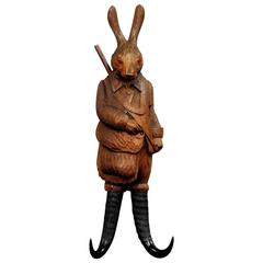 Antique Black Forest Carved Wood Hunter Hare Coat Hook, Brienz