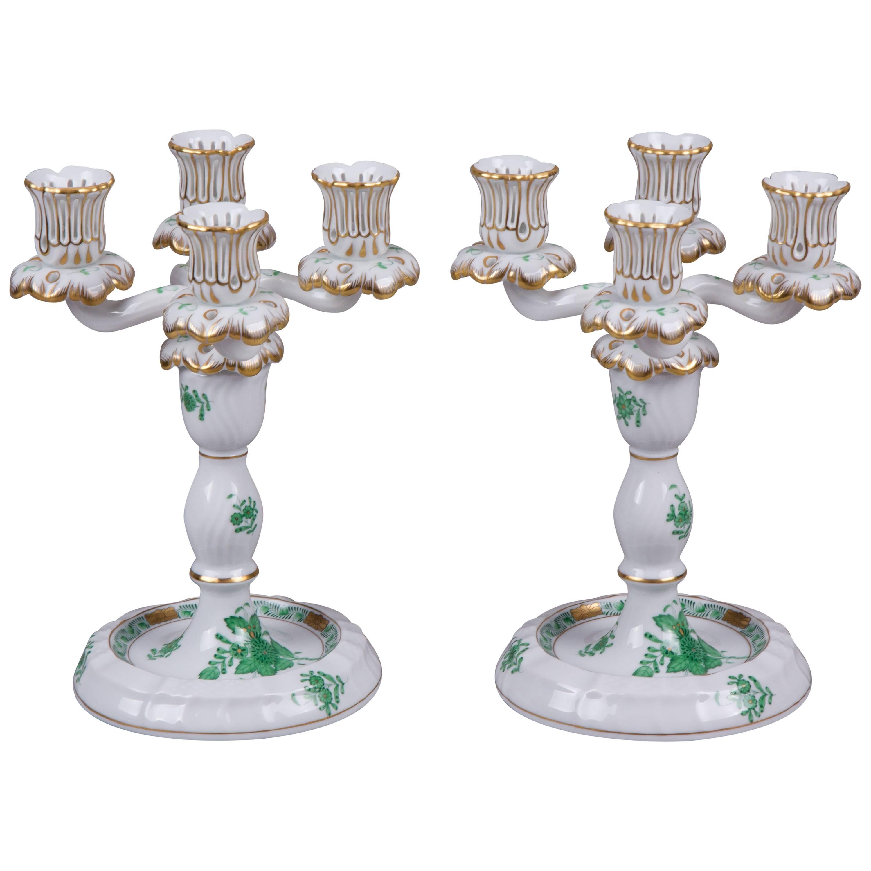 Pair of Herend Chinese Bouquet Green Four Light Candle Holder, circa 1960 For Sale