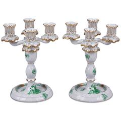 Retro Pair of Herend Chinese Bouquet Green Four Light Candle Holder, circa 1960