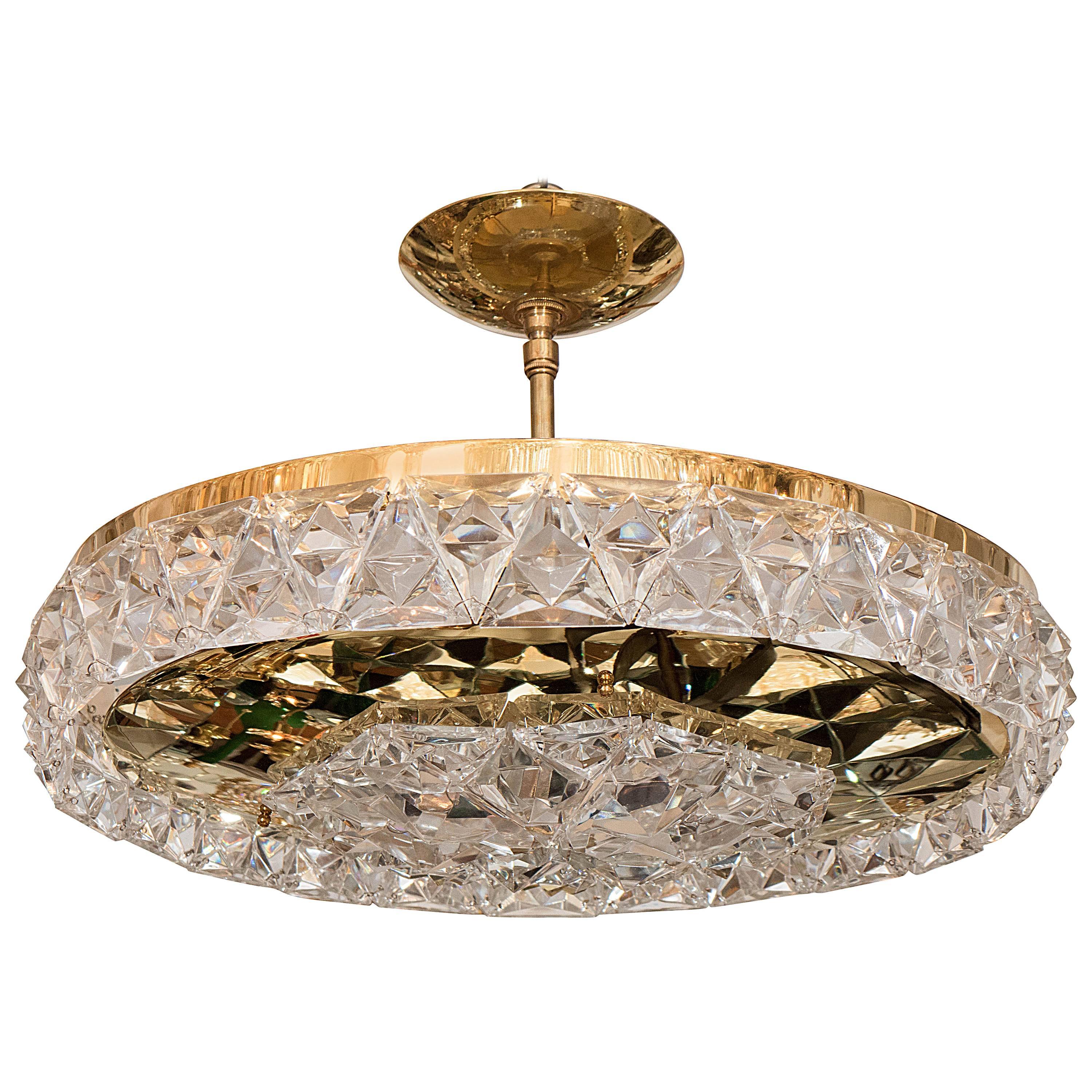 Round Polished Brass Ceiling Fixture with Facet Cut Crystal Surround
