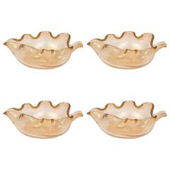 Set of Four Murano Glass Gold Infused Leaf Bowls in the Manner of Venini