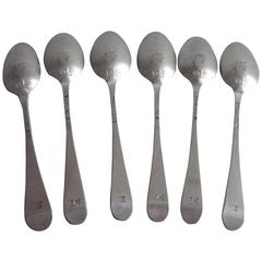 Set of Six Hanoverian Picture Back Teaspoons Made in London, circa 1755