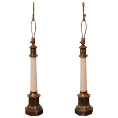1940s Pair of Elegant Opaline Table Lamps with Key Style Finials