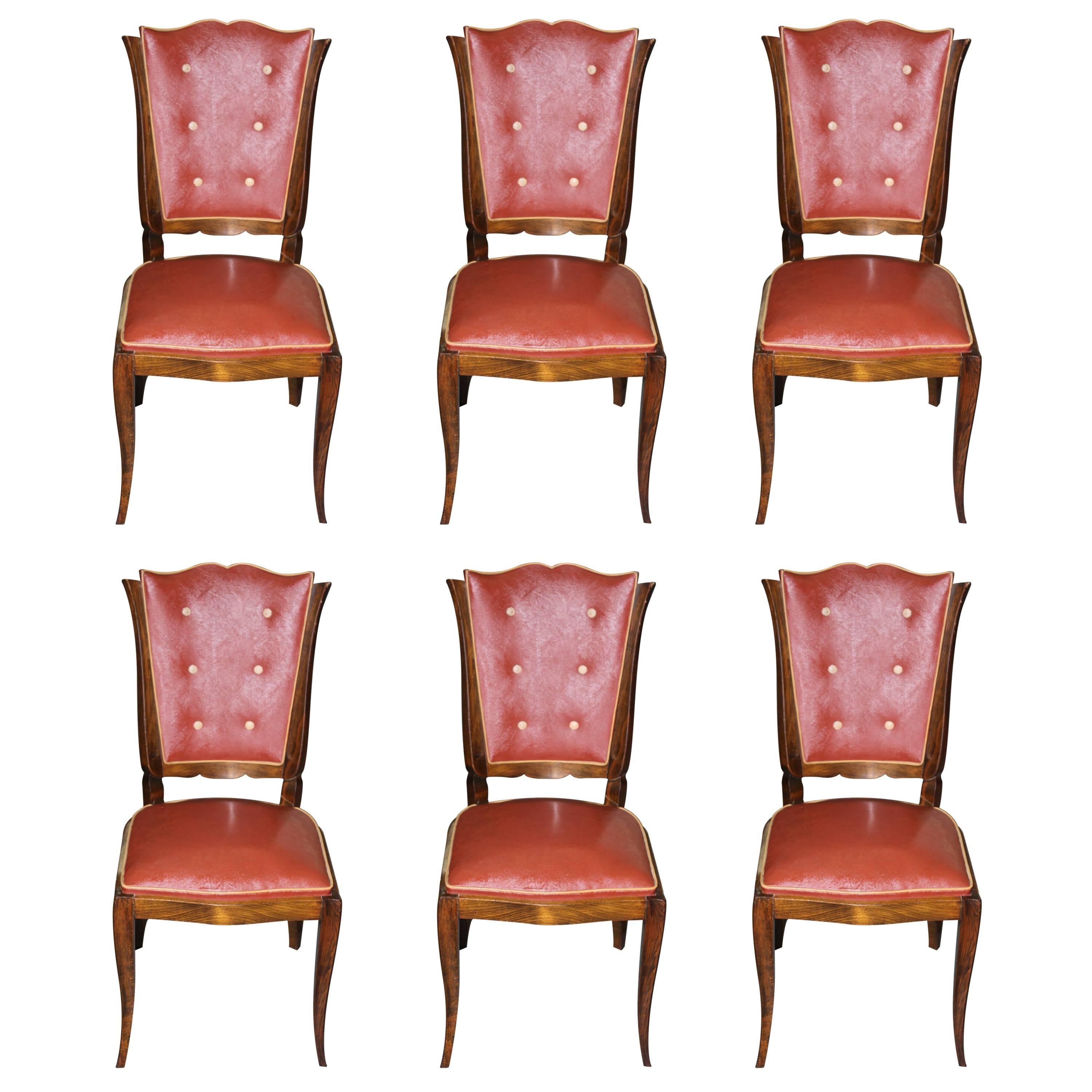 Suite of Six French Art Deco Mahogany Dining Chairs by Rafael, circa 1940s