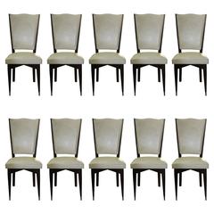 Set of Ten French Art Deco Walnut Dining Chairs, circa 1940s