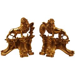 French Cast Bronze or Brass Lion Form Chenets
