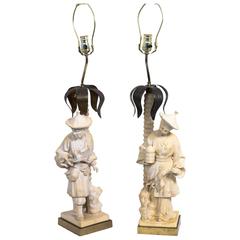 Pair of Retro Asian Man and Woman Table Lamps
