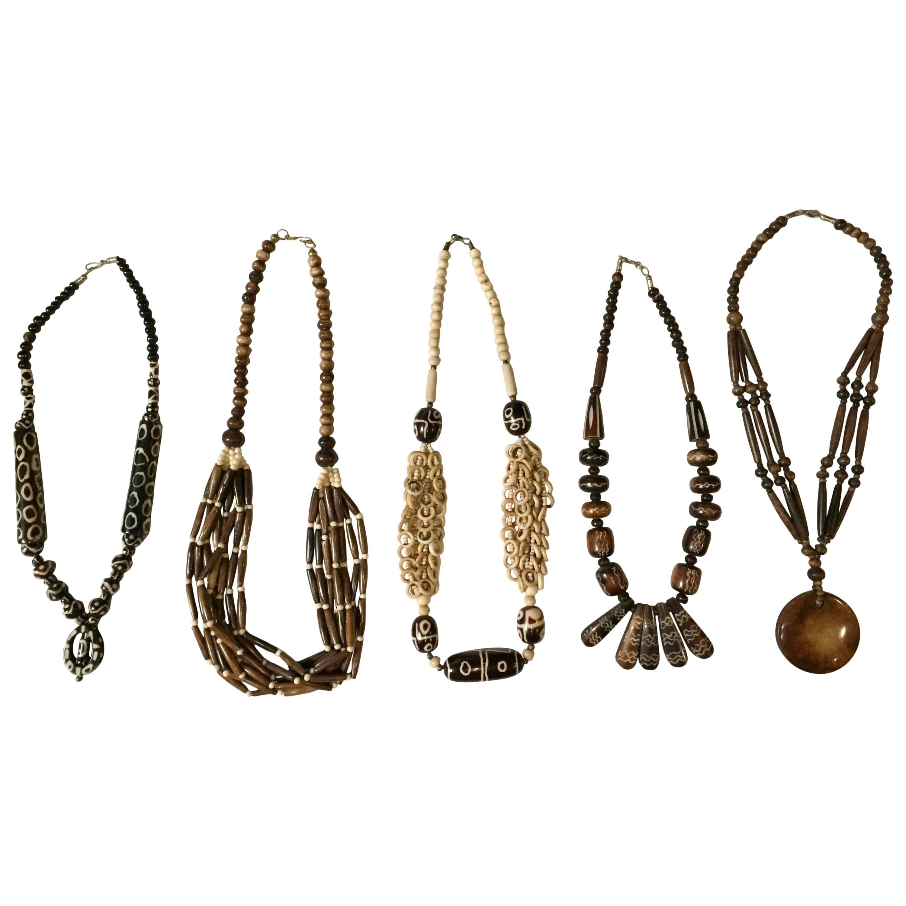 Collection of Five Elegant Tibetan Handmade Bone Necklaces For Sale