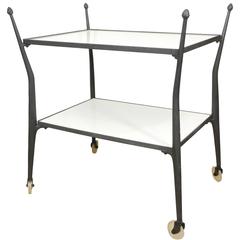 Wrought Aluminum Bar Cart with White Vitrolite Shelves