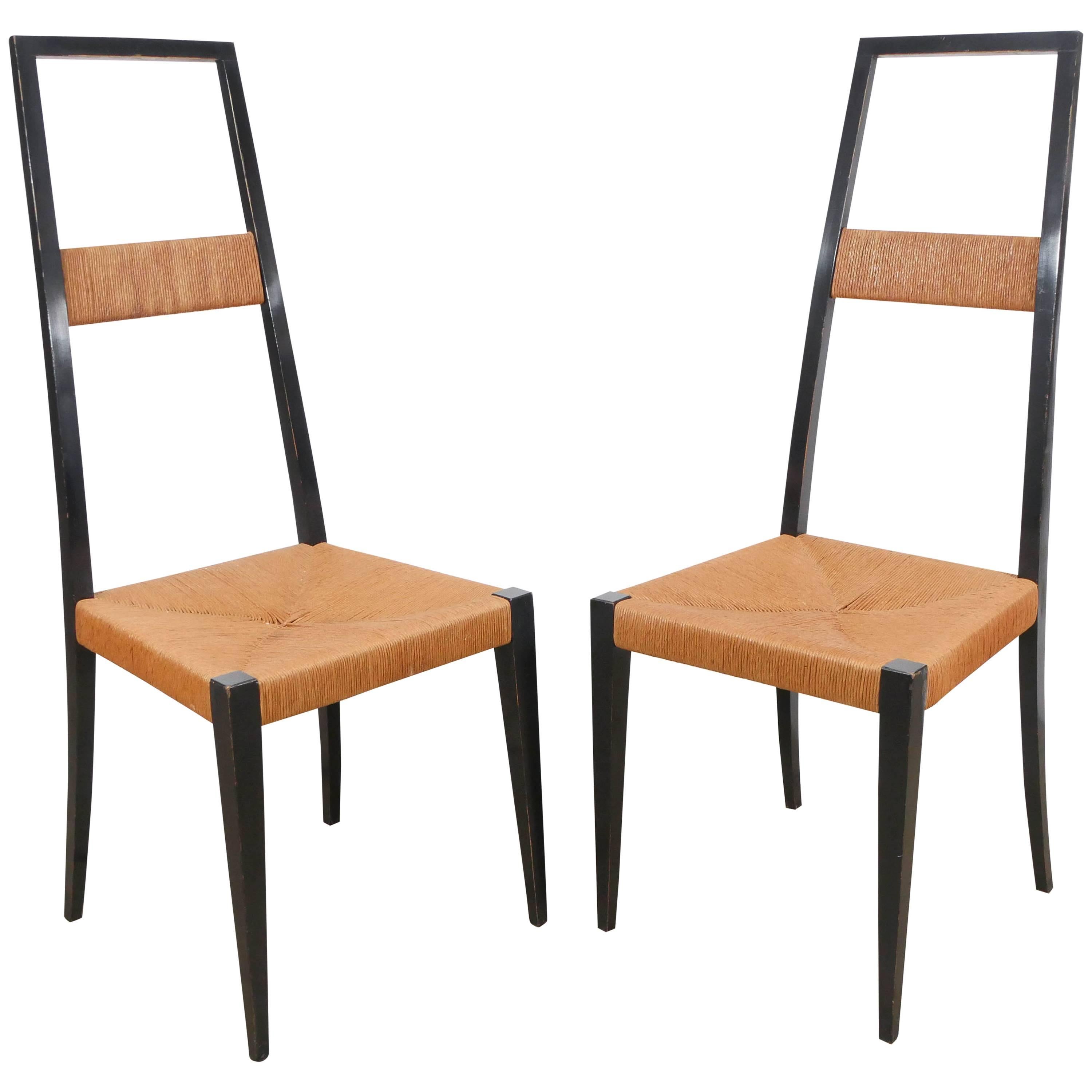 Pair of Italian Black Lacquer and Rush Chairs For Sale
